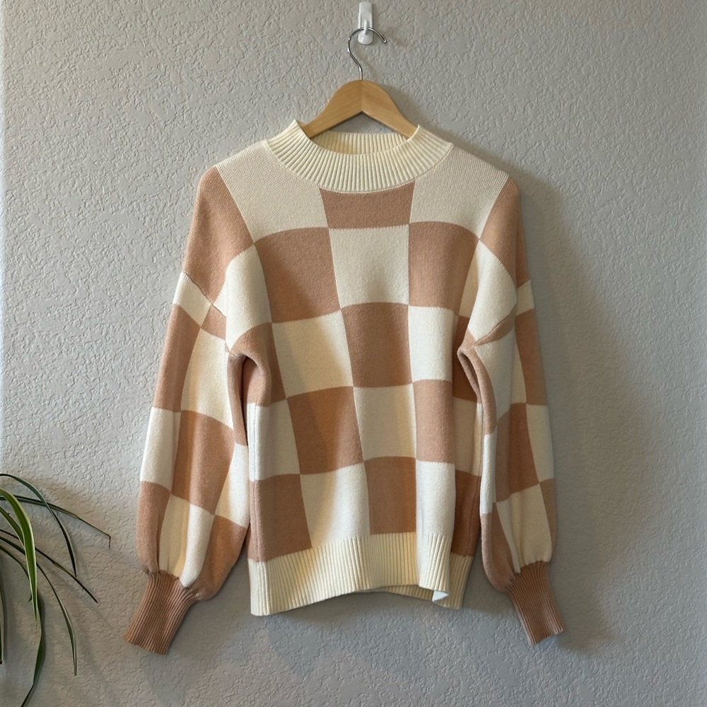 ZESICA Beige & Tan Checkerboard Knit Sweater – Size L